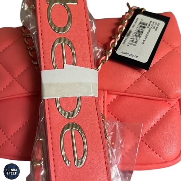 NEW bebe Wyatt Quilted Mini Shoulder Bag Salmon Orange Gold Chain Logo Charm - Picture 9 of 13